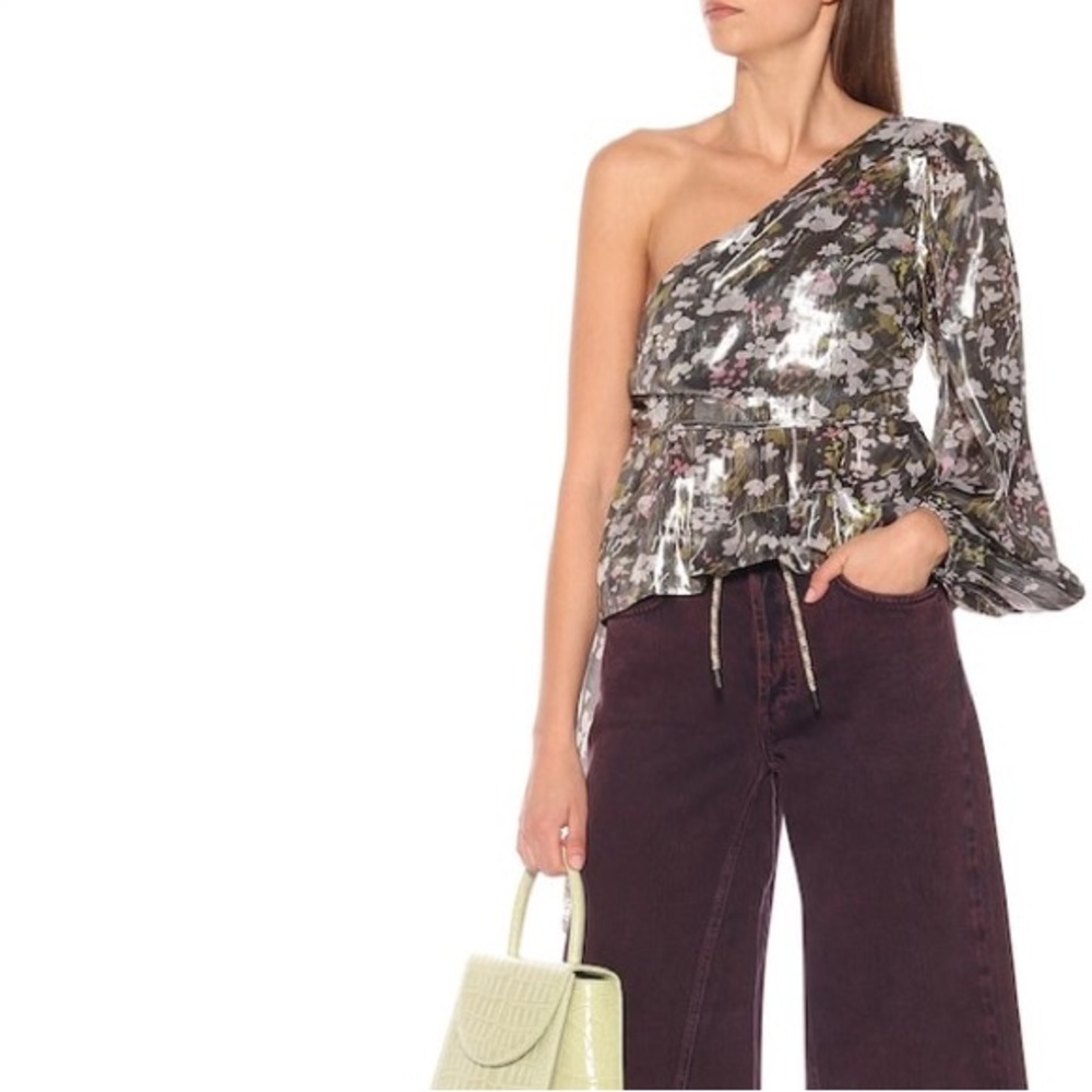 Ganni Floral silk one-shoulder metallic floral top Sz 38